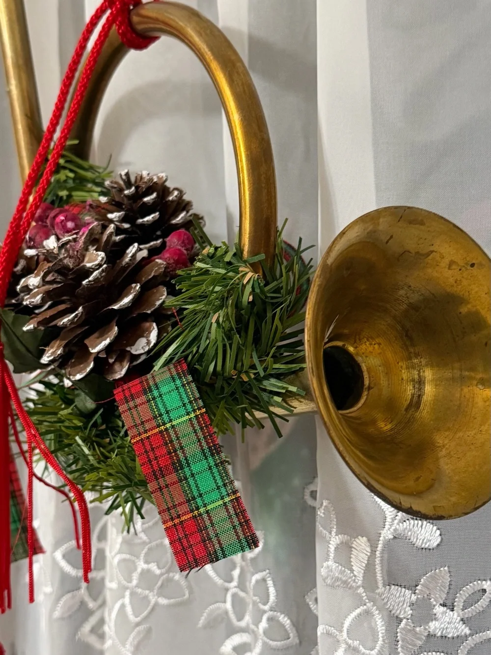 Holiday Brass Horn Ornament with Pinecone and Red Tassel
